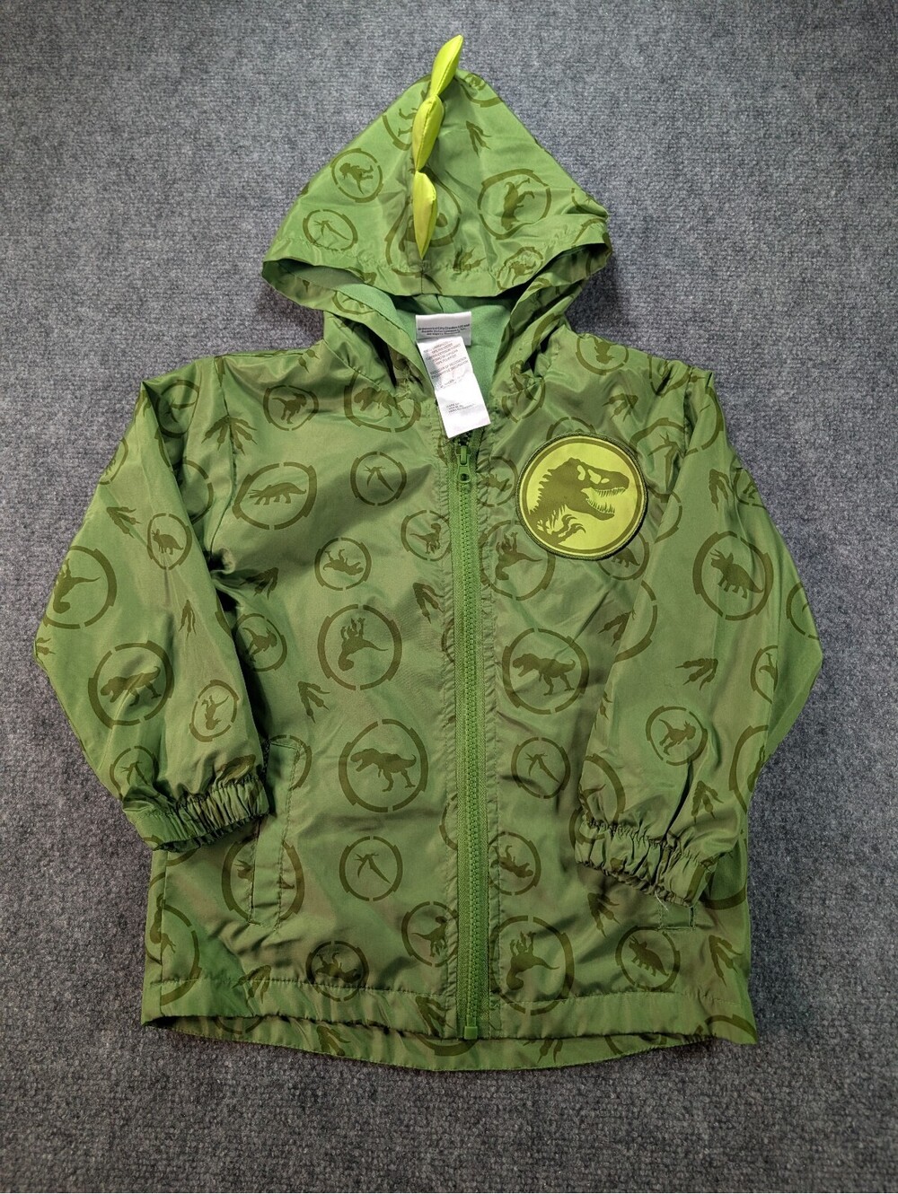 Jurassic World Boys Green Dinosaur Hooded Rain Jacket Windbreaker Size 5 Youth